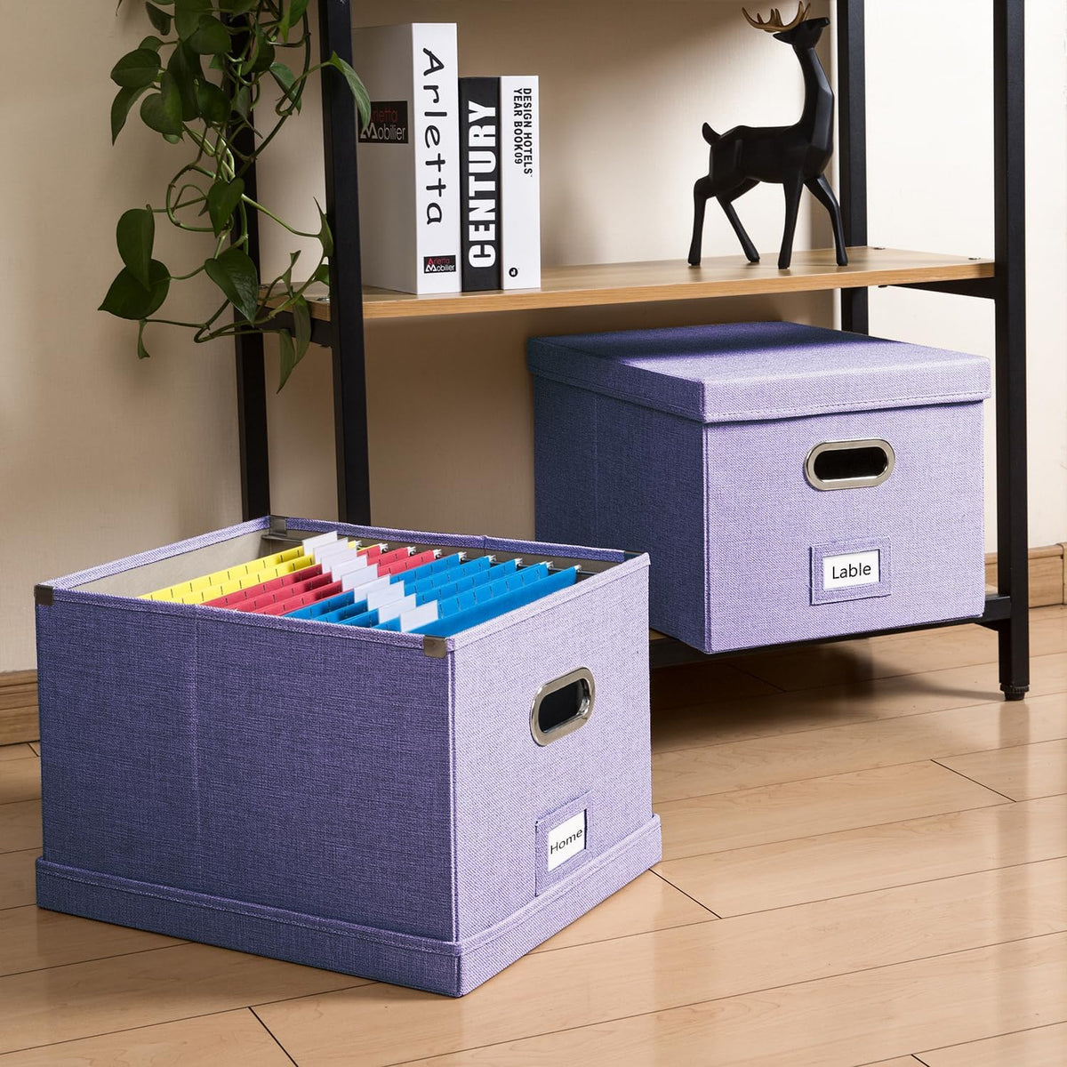 PRANDOM File Organizer Box - Set of 4 Collapsible Decorative Linen Filing Storage Hanging File Folders with Lids Office Cabinet Letter/Legal Size Purple 17.1x14x11.1 inch