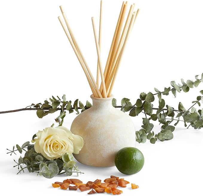 Blueme Focus Diffuser | Eucalyptus & Lime | 5.92 Fl Oz - Refillable Wellness Diffuser, Contains Essential Oil, Sustainable, Hand Finished, Premium, Luxury Ceramic, Natural Rattan Reeds, | Small
