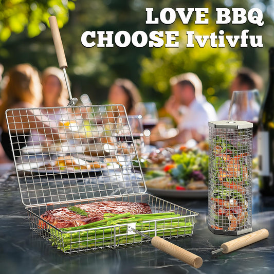 ivtivfu Grill Basket Set, Removable Wooden Handle, 304 Stainless Steel, Rolling BBQ Tools, Smoker Grilling Accessories for Vegetable Fish, Outdoor Cooking Camping, Birthday Gifts for Men Dad Husband
