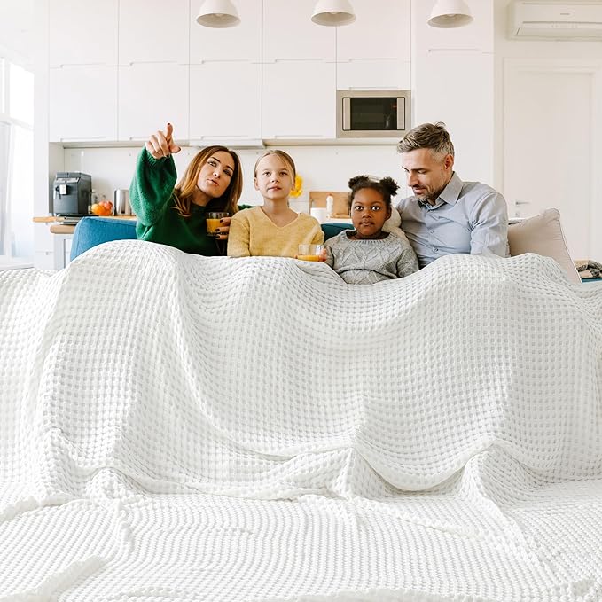 Bedsure Cooling Cotton Waffle Oversized King Blanket - Lightweight Breathable Blankets Rayon Derived from Bamboo for Hot Sleepers, Luxury Throws for Bed and Sofa, Ivory, 120x96 Inches