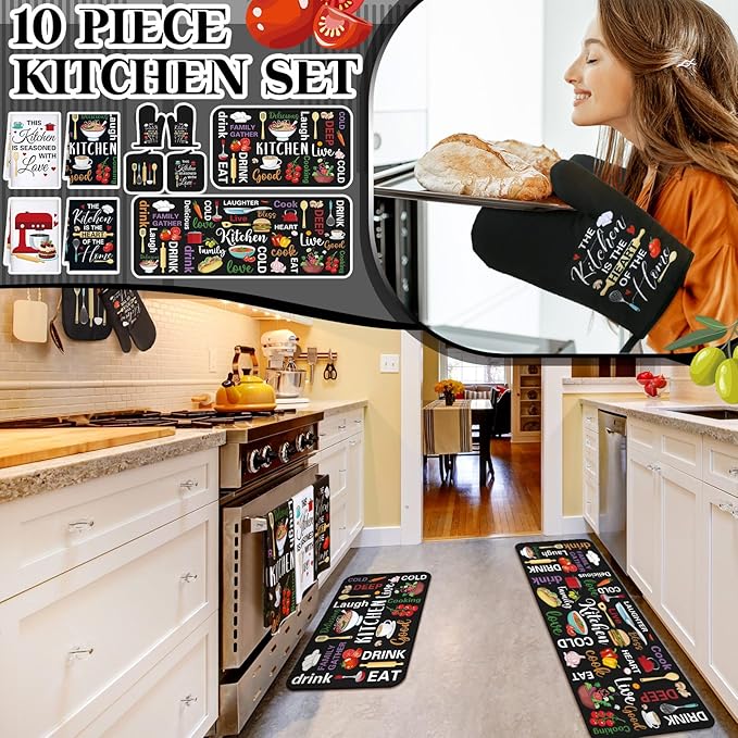 Fourluoo 10 Pcs Farmhouse Kitchen Decor and Accessories Set 4 Kitchen Towels 2 Pot Holders 2 Oven Mitts 2 Rugs for Cooking Baking Mom Housewarming Gifts(Bright Color, Novel Style)