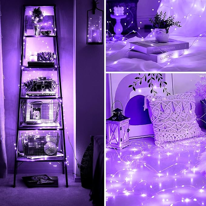 Fairy Lights 66ft 200 LED USB Twinkle String Lights Plug in Silver Wire Lights with Remote and Timer 8 Modes Outdoor Waterproof Starry Lights DIY Party Wedding Christmas Decoration（Purple）