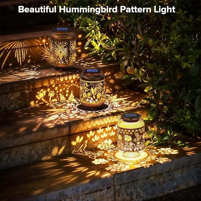 Solar Lanterns Outdoor Waterproof - Hummingbird Solar Lights for Garden, Hanging Metal Lantern Decor for Patio, Yard - Christmas Mothers Day Gifts for Women, Mom, Grandma (Hummingbirds, 1)