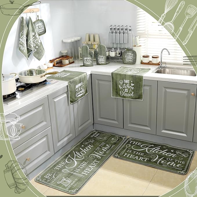 10 Pcs Farmhouse Kitchen Decor and Accessories Set 4 Kitchen Towels 2 Pot Holders 2 Oven Mitts 2 Rugs for Cooking Baking Mom Housewarming Gifts(Sage Green,Classic Style)