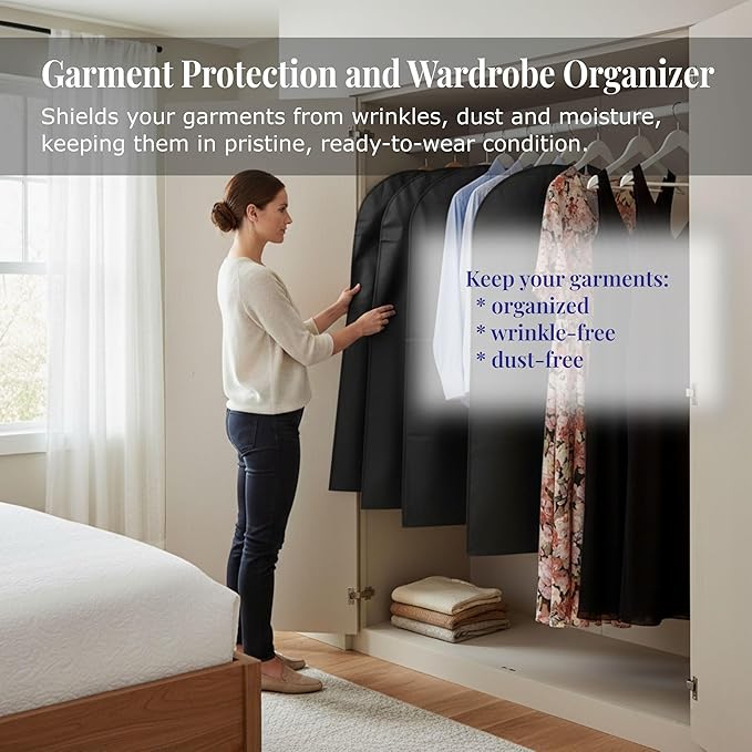 2-Pack Breathable Garment Bags for Hanging Clothes – Dust-Proof Suit & Dress Covers with Clear Window – Waterproof, Foldable Closet Storage Organizer for Coats, Gowns, and Jackets (Black, 55")