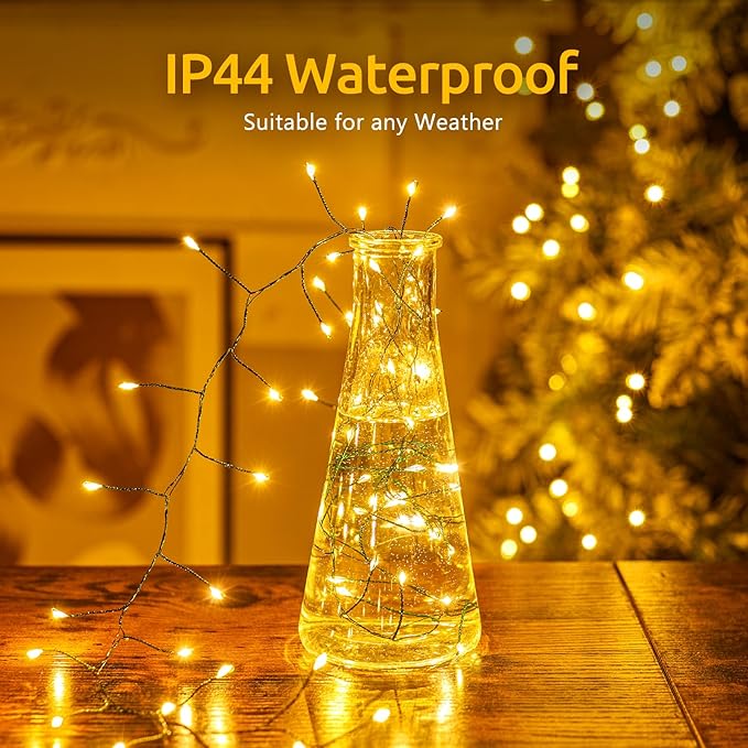 Fairy Lights Plug in, 17 Ft 200LED Twinkle Firecracker String Lights, 8 Lighting Modes Green Wire Cluster Light for Bedroom Indoor Outdoor Garland Patio Garden Wedding Christmas Decoration, Warm White