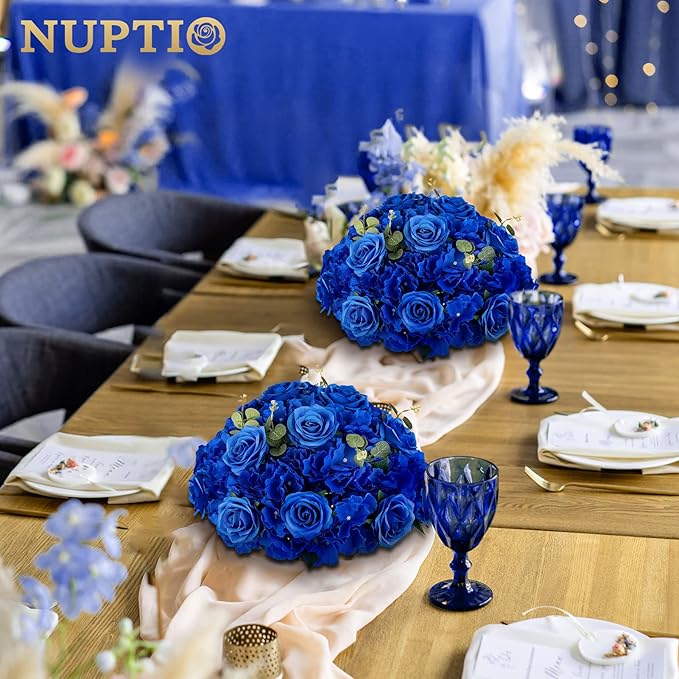 NUPTIO Artificial Flower Centrepieces for Tables - 10 Pcs Large Fake Flowers Roses Balls 15.7 inch Diam- Royal Blue Silk Faux Rose Arrangement Bouquet for Wedding Party Centerpiece Table Decorations