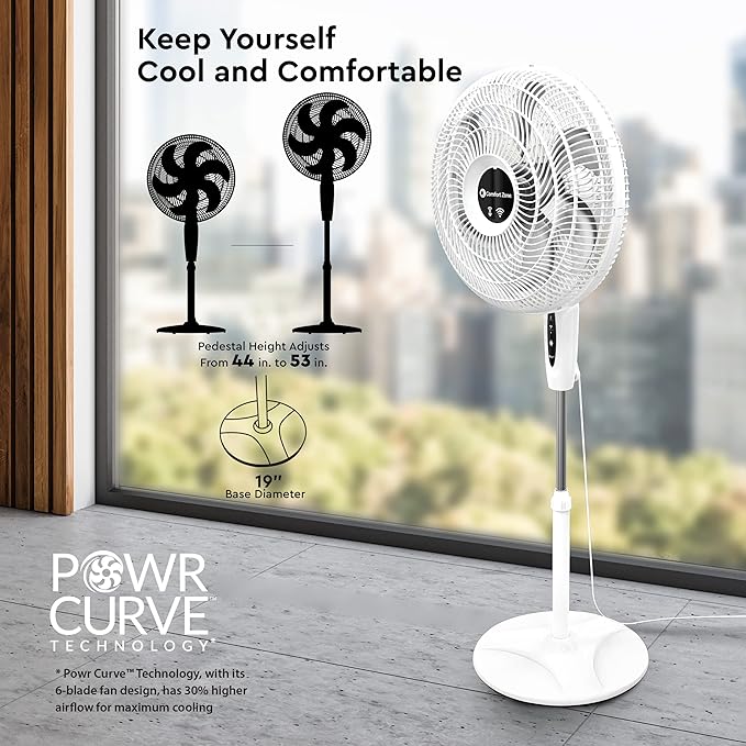 Comfort Zone 18-Inch Smart WiFi Oscillating Stand Fan, 3-Speed Wall-Mountable Fan with Voice Control, Full-Function Timer & Adjustable Stand up to 53 Inches, Quiet Tri-Curve Technology
