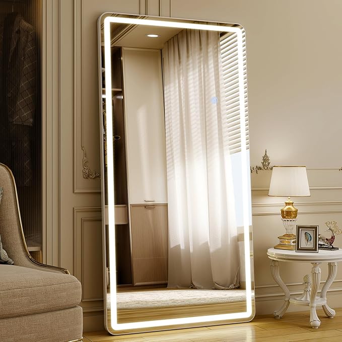76"x34" LED Full Length Mirror – Standing Floor Mirror with Dimmable Lights 3 Color Modes – Adjustable Brightness, Wall-Mount or Lean for Barber, Fitness Center, Dressing Room, Vanity