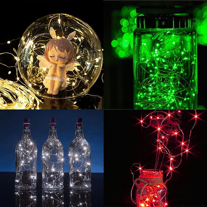 WATERGLIDE 24 Pack Fairy Lights Battery Operated (Included), 7 ft 20 LED Mini String Lights, Waterproof Silver Wire Firefly Starry Lights for DIY Wedding Christmas Party Mason Jars Decor, Multicolor