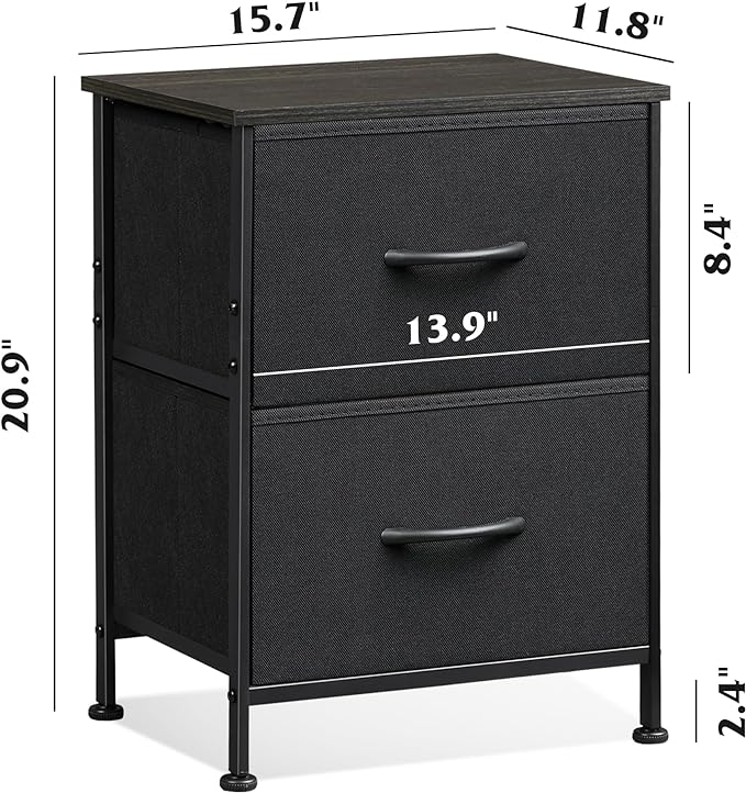 WLIVE Black Nightstand, Small Dresser for Bedroom with 2 Fabric Drawer, Bed Side Table with Drawers, End Table Bedside Furniture, Sturdy Steel Frame, Wood Top, Closet Organizer, College Dorm