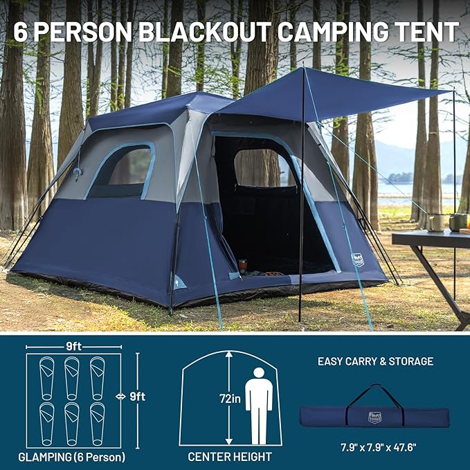TIMBER RIDGE 6 Person Blackout Camping Tent, 60s Easy Setup Instant Cabin Tent for Family with Rainfly, Water-Resistant, 9' x 9' x 72" for Outdoor Adventures Gatherings