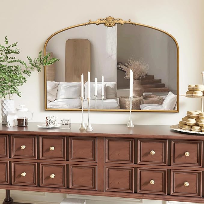 Besdomus Ornate Arched Large Mirror: 48"x33" Oversize Gleaming Gold Vintage Wall Mounted Mirror - Baroque Traditional Antique for Fireplace/Bathroom/Living Room - Home Decor for Homemakers