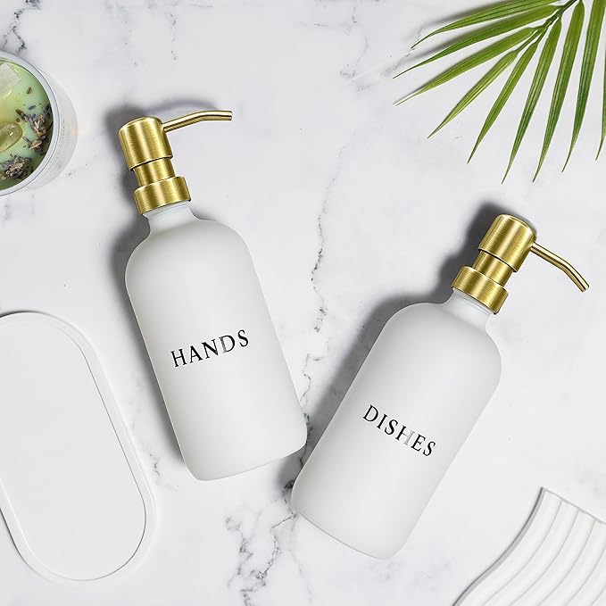 Glass Hand and Dish Soap Dispenser Set with Bamboo Tray – 16 oz Kitchen Soap Dispenser Set, Gold Pumps, Silicone Funnel – Modern Farmhouse Kitchen Sink Decor and Accessories