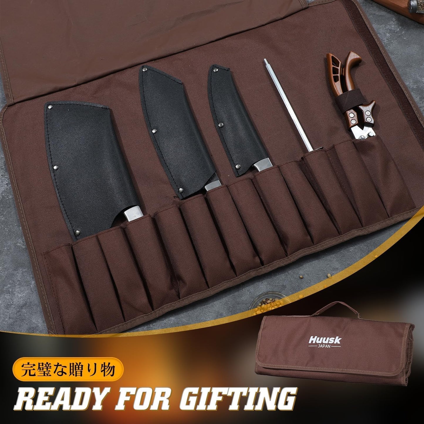 Huusk Chef Knife Set 5Pcs - Hand Forged Meat Cleaver & Chef Viking Knife & Utility Knives, Kitchen Knives Set with Bag for Cooking, Outdoor Camping, BBQ, Christmas Gifts for Men