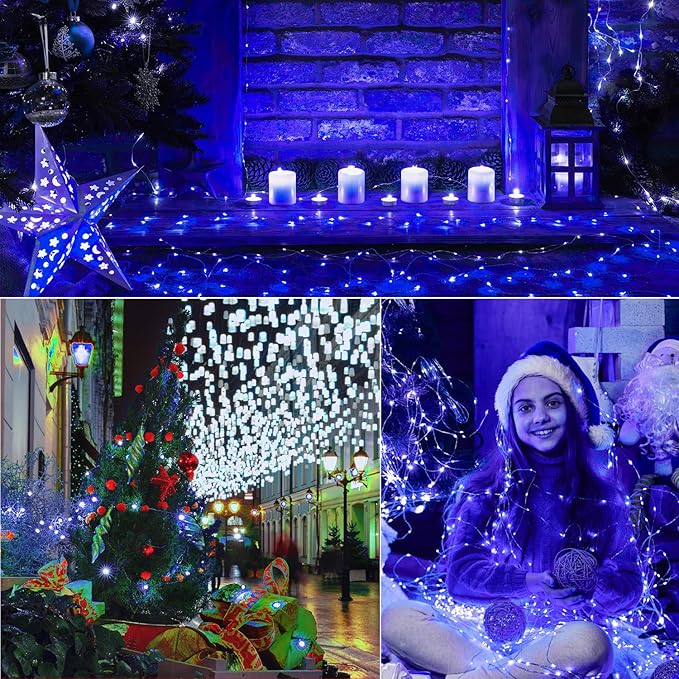 LAMPHOME 100 LED Blue Fairy Lights Battery Operated, Mini Battery Powered Copper Wire Starry String Lights,Light Length 32.5Ft, Multi Functions & Timer, with Remote Indoor/Outdoor use