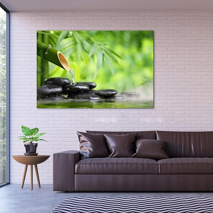 Zen Wall Art Decor, Modern Bathroom Zen Decor Wall Art, Canvas Wall Art for Spa Zen Room Decor, Green Bamboo Forest and Black Pebble Relaxing Art Prints for Office & Spa Wall Decor 32x48 Inches