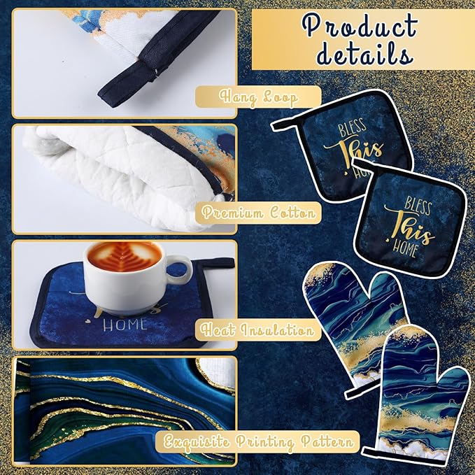 Bencailor 6 Pcs Marble Kitchen Decor Gold Pot Holders Oven Mitts 2 Dish Towels 2 Farmhouse Cooking Mittens Oven Glove and Potholder for Baking Cooking Grilling Supply Accessories(Blue)