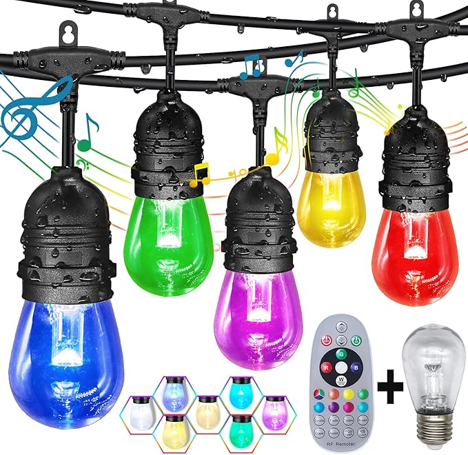 GANA Outdoor String Lights, Patio Lights 48FT Music Flash RGBW Colourful, Safe 12V Low Voltage LED Shatterproof Bulbs Connectable, Heavy Duty Wire IP65 Waterproof Level for Courtyards Cafe Bistro