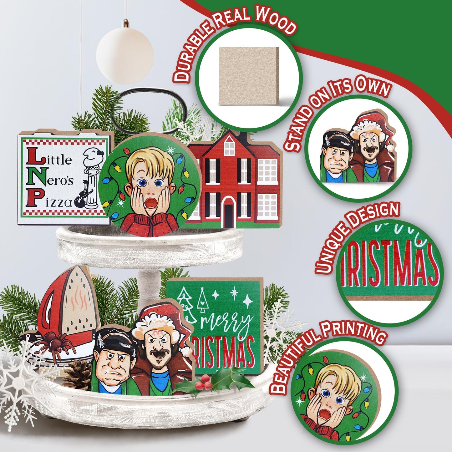 Uruney Merry Christmas Tiered Tray Decor, Christmas Classic Movie Tray Decorations, Xmas Alone Boy Kevin Thieves Wooden Signs, Funny Holiday Rustic Farmhouse Home Decor for Table Shelf Mantel Party