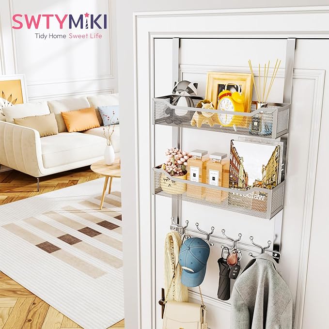 SWTYMIKI Over The Door Hook with 16 Hooks & 2 Mesh Baskets - Heavy Duty Over The Door Organizer Hanger for Towels, Coats, Clothes - Space Saving Hanging Rack for Bathroom, Living Room, Silver