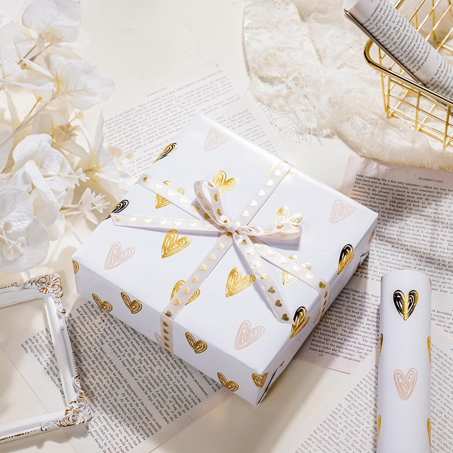 WRAPAHOLIC 30 Inch Jumbo Heart Wrapping Paper Roll - 30 Inch x 16.5 Feet - Gold Foil Heart Design for Valentines Day, Wedding, Bridal Shower, Birthday, Baby Shower