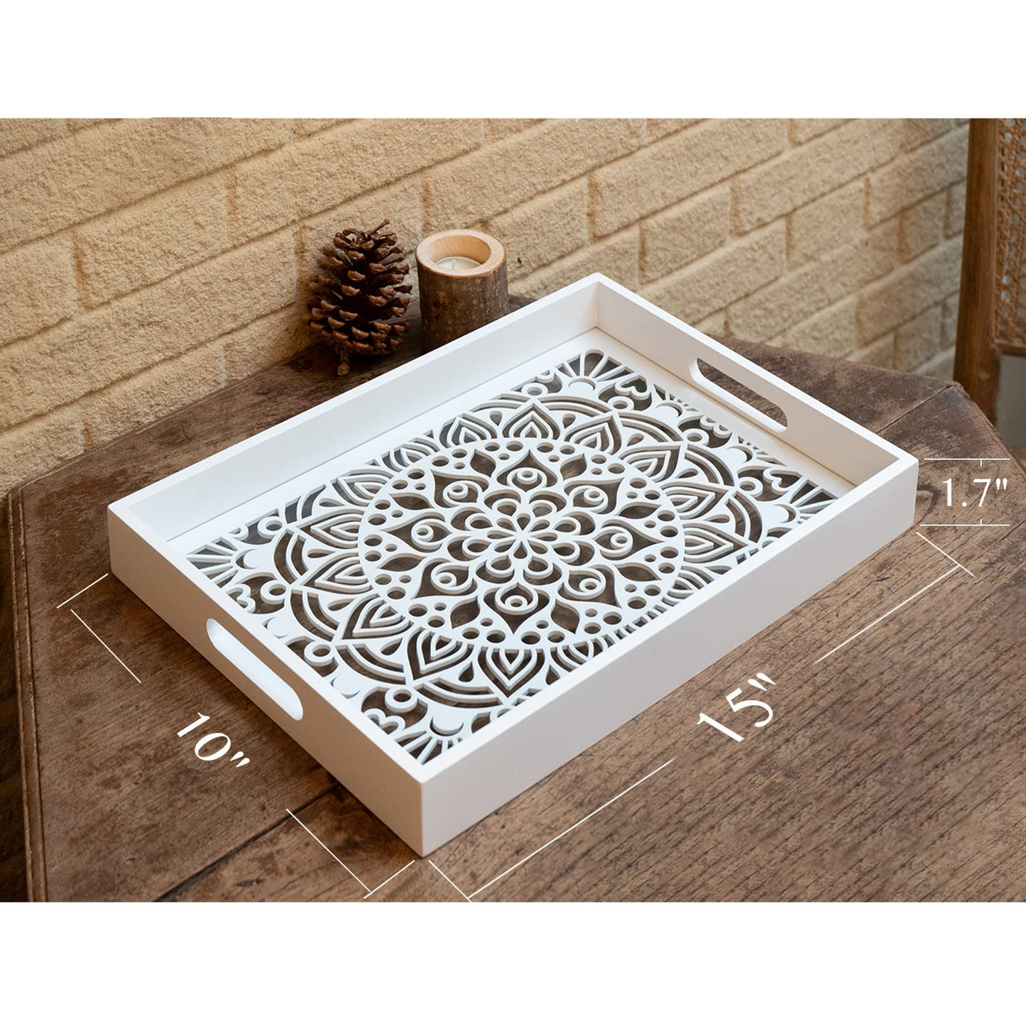 LINKOVE Wooden Serving Tray with Handles, White Wood Couch Ottoman Tray for Living Room, Decorative Tray for Coffee Table Kitchen Counter, Candle Perfume Displayed for Bedroom Bathroom,15" x 10"