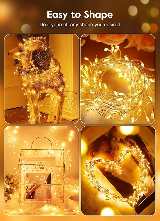 Fairy Lights Plug in, 16.4Ft 200 LED USB Firecracker Twinkle Lights with Remote and Timer, Silver Wire Cluster String Light for Bedroom Indoor Wreath Party Wedding Christmas Decoration, Warm White