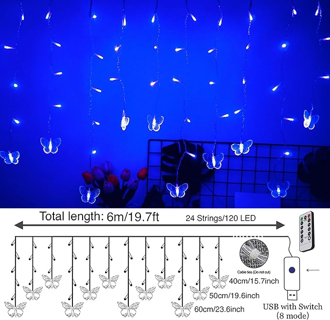 Butterfly Curtain Fairy Lights USB Plug in,8 Modes 120 LED 19.7FT Firefly Twinkle Timer String Lights with Remote, Waterproof Copper Wire for Bedroom Patio Christmas Wedding Party Dorm (Blue)