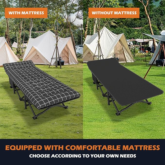 ATORPOK Camping Cot for Adults with Cushion Comfortable,Portable Folding Bed for Sleeping,Lightweight Folding Bed with Carry Bag for Kids Supports 450 lbs (Black)