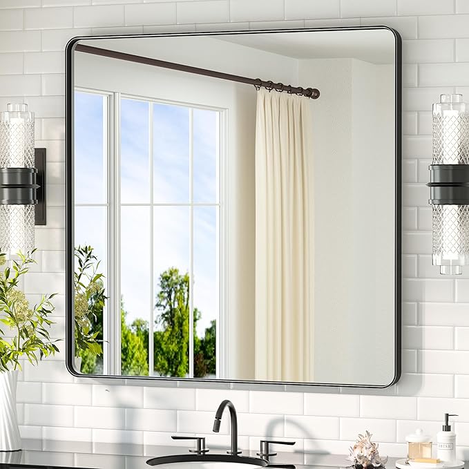TETOTE 36 x 36 Black Mirror for Bathroom Matte Black Metal Frame Mirror, Tempered Glass, Wall Mounted for Bathroom, Entryway, Bedroom, Living Room(Horizontal/Vertical)