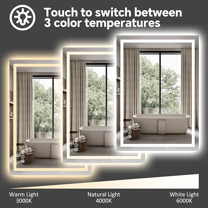 LED Bathroom Mirror 24x32 Inch Anti-Fog Bathroom Mirror with Lights, Wall Mounted Lighted Vanity Mirrors, Dimmable, Backlit + Front Lit, Smart Bathroom Vanity Mirror with 3 Colors Temperature