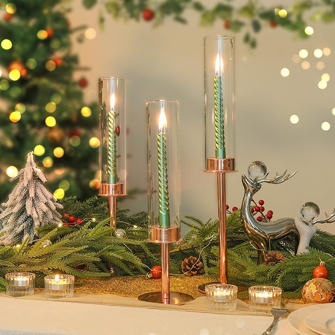 Hurricane Candle Holders Set of 6 Metal Candlestick Holder for Glass Taper Tall Candle Holders with Crystal Chimney Tube Candles Stands for Home Decor, Christmas, Dinning (6, Rose Gold)