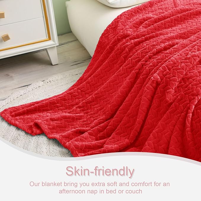Exclusivo Mezcla Fleece Queen Size Blanket for Bed, 90x90 Inches Soft Cozy Jacquard Flannel Blankets, Lightweight Fuzzy Plush Warm for Winter, Red