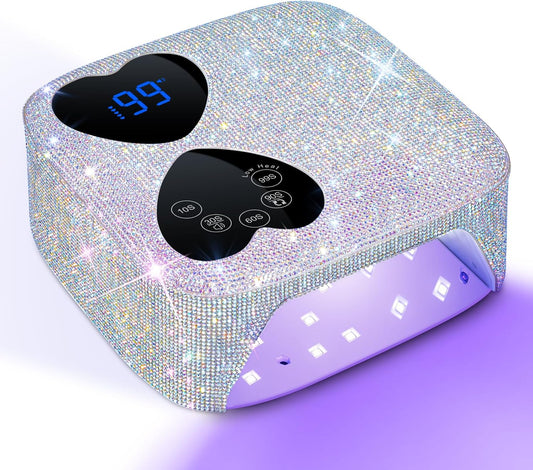 UV LED Nail Lamp Cordless, HUITINE 80W Rechargeable UV Light for Gel Nails, Professional Gel Light Dryer with 5 Timers & Mirror Base, Sparkling Rhinestones Diamond Curing Lamp for Salon & Home