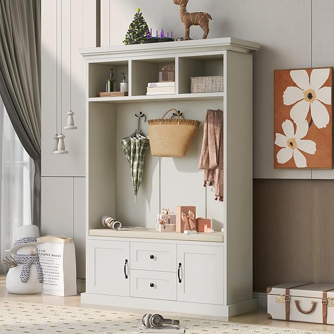 RUNNA Wooden 3-in-1 Hall Tree with 2 Cabinet and 2 Drawers,3 Open Shelves and 3 Hooks,Coat Hanger and Storage Bench,for Livingroom Hallway Entryway Use (Beige@Hanger)