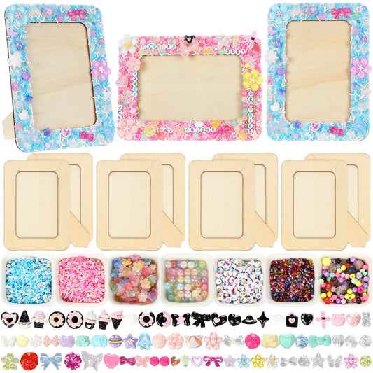 Thyle 4 Pack Mosaic Picture Frame Painting Craft Kit for 4 x 6 Inch Photo 4 Pcs DIY Unfinished Wooden Picture Frames with Beads Stickers Tweezers for DIY Craft Gifts