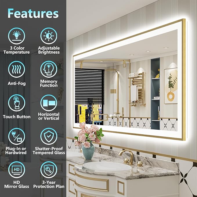 72x40 Gold LED Bathroom Mirror with Lights, Brushed Gold Framed Backlit and Front Lit Anti-Fog Lighted Vanity Mirrors for Bathroom Wall, Dimmable, 3 Colors, Memory, HD Tempered Glass, CRI＞90