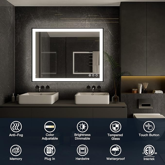 ISKM Framed LED Mirror for Bathroom 32"x24", Dimmable LED Bathroom Mirror with Lights, Anti-Fog, Front and Backlit Lighted Mirror 3-Colors, Shatterproof, Memory Function