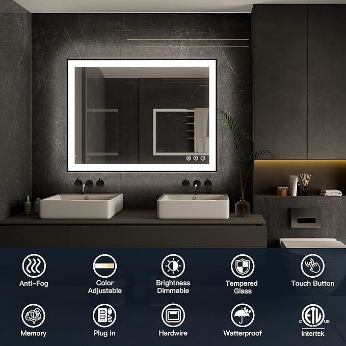 ISKM Framed LED Mirror for Bathroom 55"x40", Dimmable LED Bathroom Mirror with Lights, Anti-Fog, Front and Backlit Lighted Mirror 3-Colors, Shatterproof, Memory Function