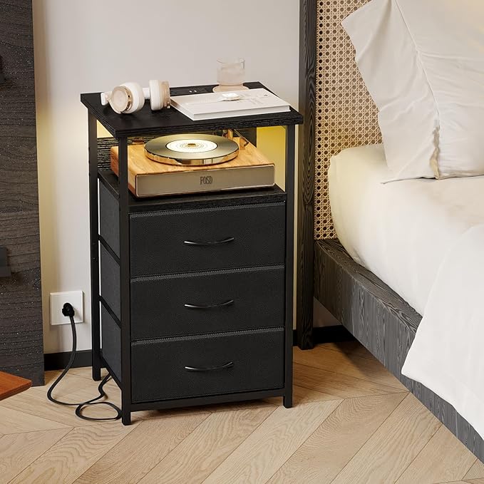 Fixwal Night Stand with Charging Station, LED Nightstand with U-S-B Ports and Outlets, 3 Fabric Storage Drawers with PU Finish, Bedside Table, Black