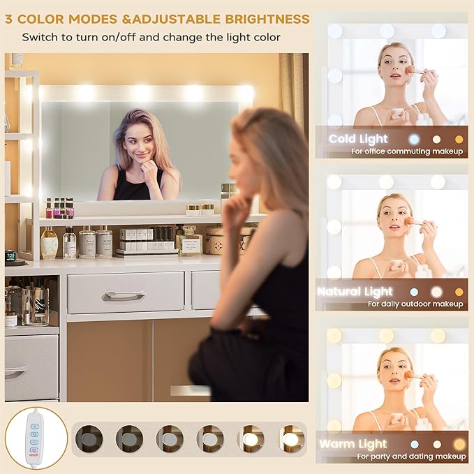 Vanity Desk with Mirror, 9 Lights, 3 Color Modes with Adjustable Brightness, 5 Spacious Fabric Drawers & Storage Shelves, Makeup Vanity with Power Outlets, Modern Vanity Table for Bedroom, White