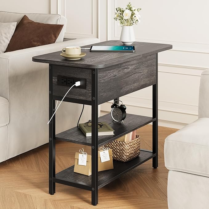Yoobure End Table with Charging Station, Flip Top Side Table with USB Ports and Outlets, Sofa Couch Table Bedside Table for Living Room Bedroom, Narrow Nightstand with Storage Shelves for Small Space