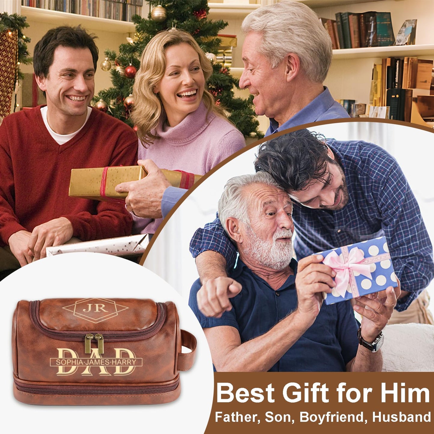 Personalized Toiletry Bag for Men, Engraved Name & Text, Father's Day Gifts for Men, Dad, Leather Men's Toiletry Bag for Traveling, Customized Birthday Gift for Husband, Grandpa, Lover