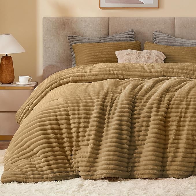BEDELITE Fleece King Comforter Set -Super Soft & Warm Fluffy Brown Bedding, Luxury Fuzzy Heavy Bed Set for Winter with 2 Pillow Cases