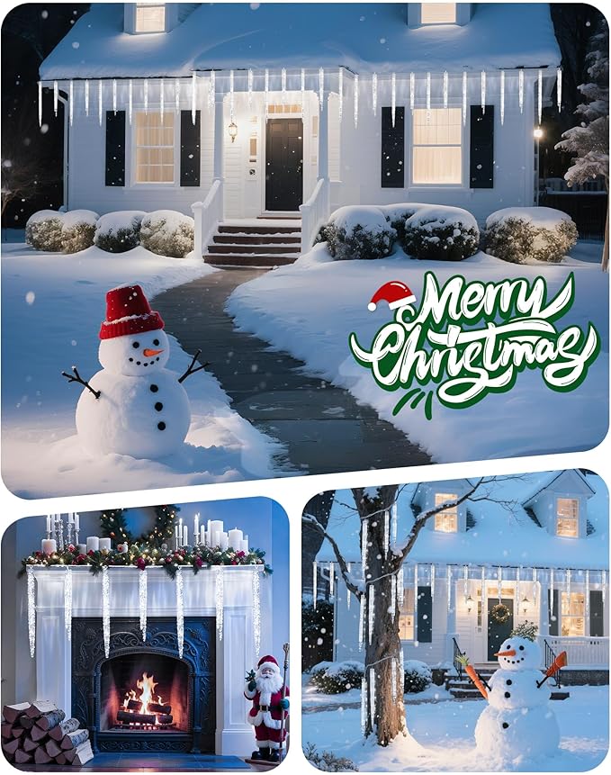 Minetom Icicle Lights Outdoor with Clips, 20ft 100 LED 20 Tubes Twinkling White Christmas String Lights, Connectable Waterproof Hanging Icicle String Light Plug in for Eave Holiday Outdoor