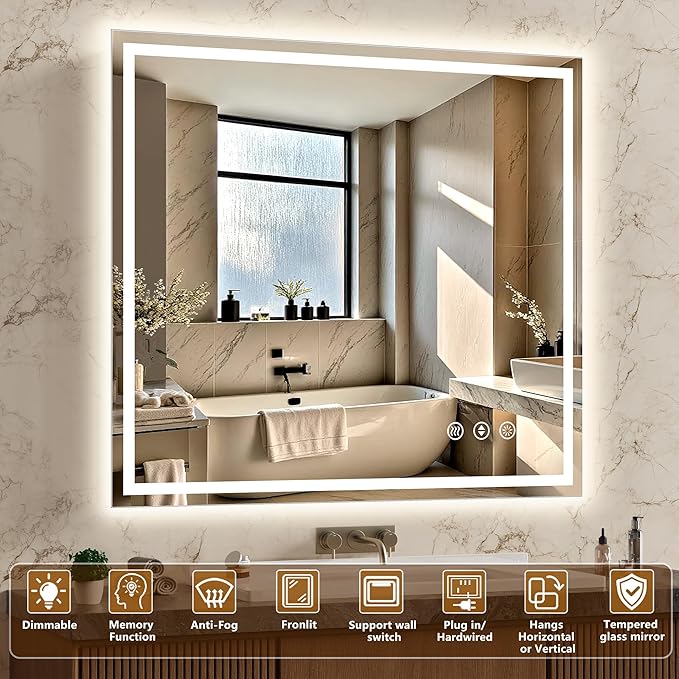 40x30 Inch LED Lighted Bathroom Mirror - Anti-Fog Vanity Mirror with Dimmable Front & Backlit, 3 Color Temp, Smart Memory - Shatterproof HD Glass, IP54 Waterproof Wall Mounted for Makeup Shaving