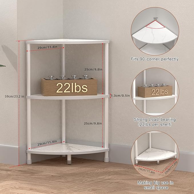 3 Tier Corner Shelf Stand, 23.2" Kitchen Shelf Organizer with Metal Frame for Organization & Storage, Marble White Corner Shelf for Kitchen Decor Accessories