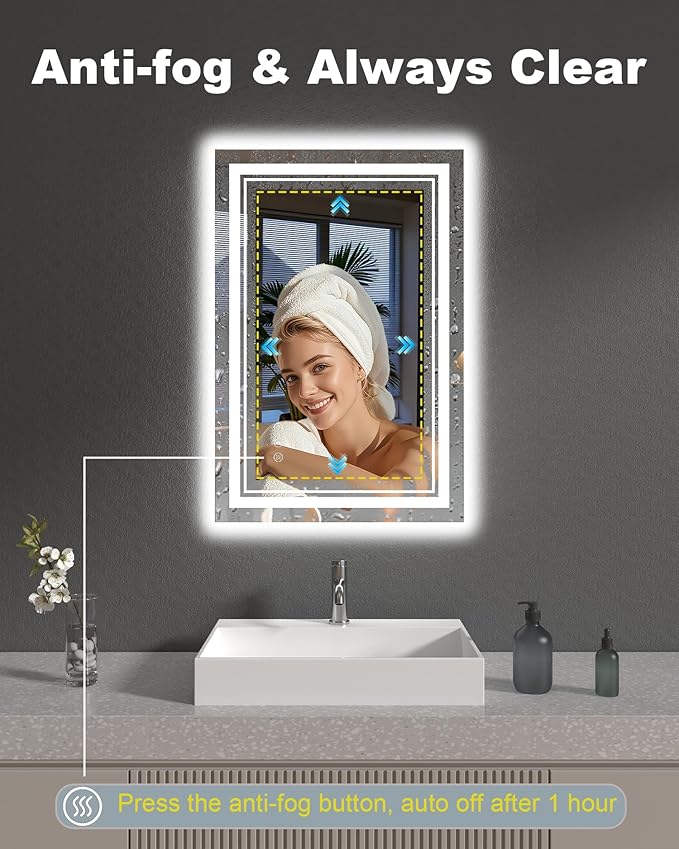 24x36 Inch Bathroom Mirror with Lights, LED Vanity Mirror for Bathroom Wall Mounted with Threefold Brightness by 2 Front Lights & 1 Backlit, Anti-Fog, Stepless Adjusted, Unbreakable Tempered Glass