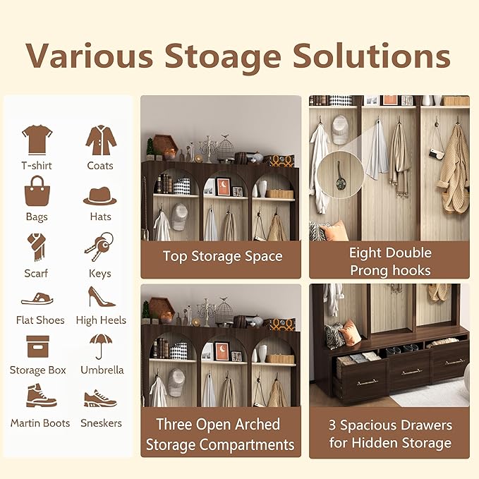 Bellemave Farmhouse Hall Tree with Bench and 3 Drawers, Entryway Bench with Coat Racks and Shoe Storage, 4 Hooks and Shelves (Walnut)